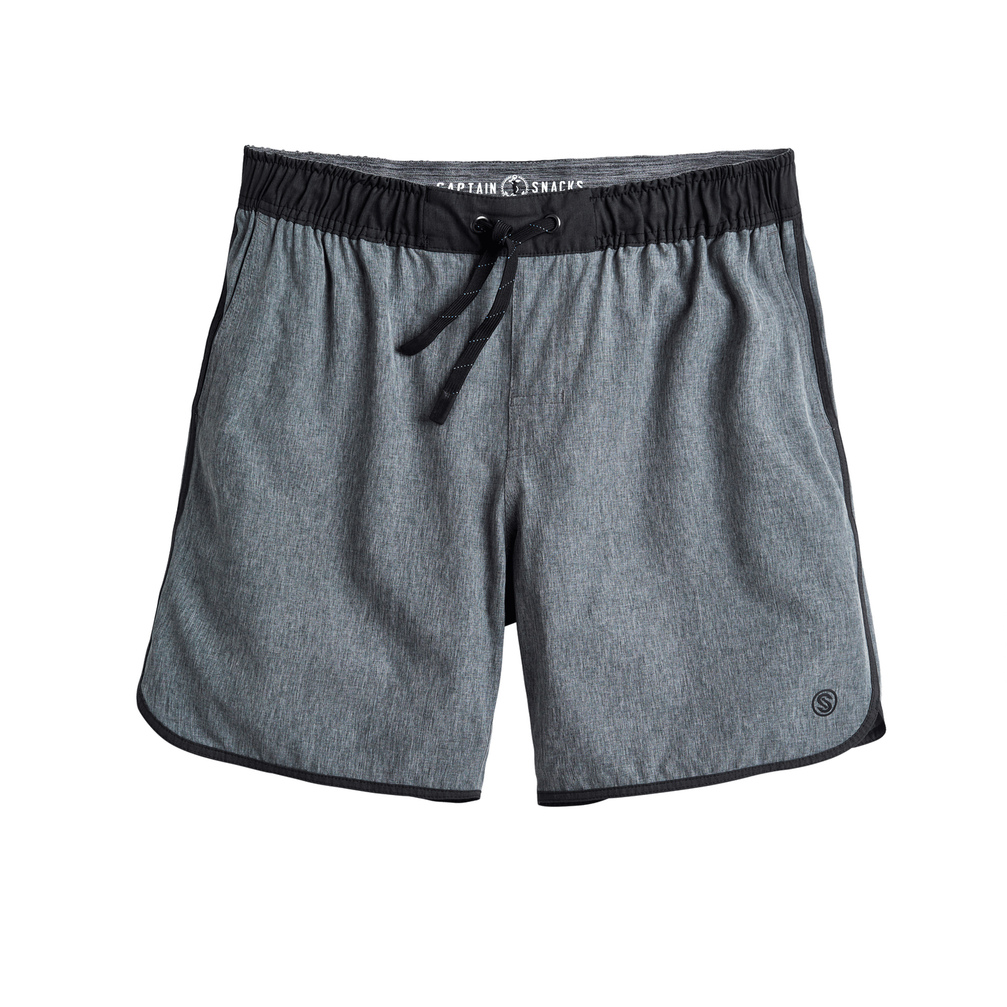 The SCALES Men's Volley Shorts by Diadem Sports feature gray, moisture-wicking fabric with a subtle pattern, black elastic waistband, and black trim. The Captain Swag logo accents the lower left leg. Shown laid flat on white.