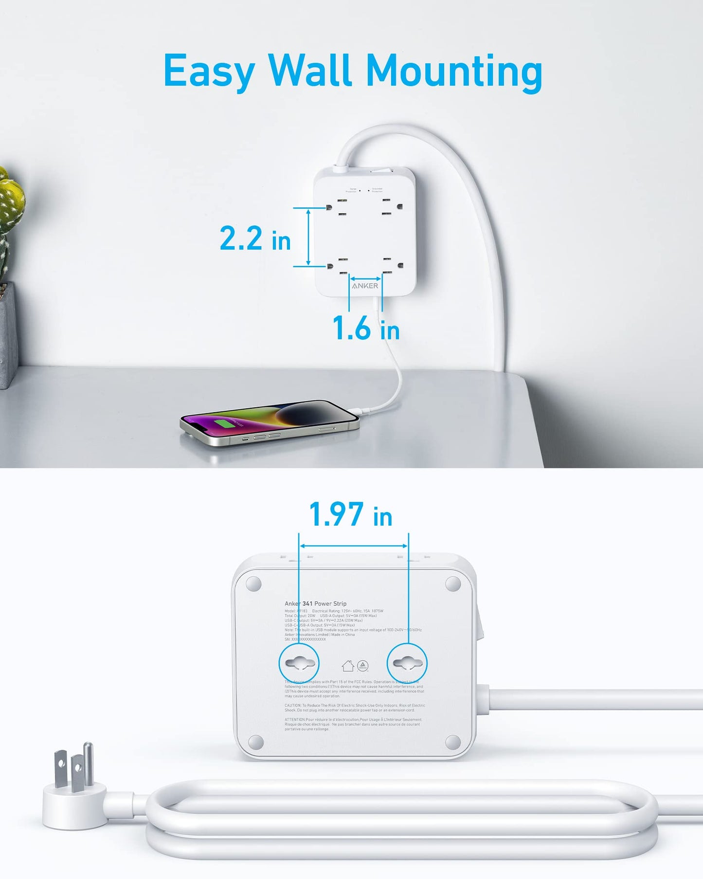 The Anker 341 USB Power Strip (white) with surge protection is wall-mounted above a counter, charging a phone. Blue text marks its dimensions: 2.2" wide, 1.6" thick, and 1.97" high (back view), with a coiled cord and plug nearby.
