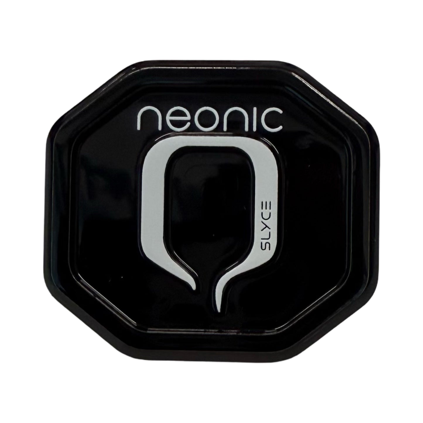 The Slyce Sport Special Edition Neonic Pickleball SpeedCap features a black, octagonal aircraft aluminum lid with "neonic" in white above a bold Q and vertical SLYCE, designed as a 28g (1.0 oz.) paddle performance enhancer on white background.