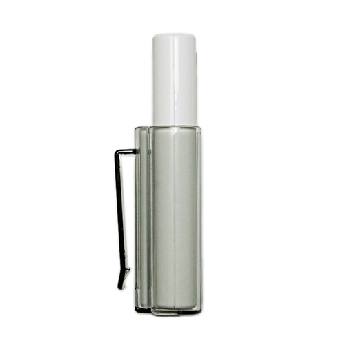 A clear rectangular spray bottle with a white cylindrical cap and an iReliev Device Clip Holster Replacement attached to the side, set against a plain light gray background.