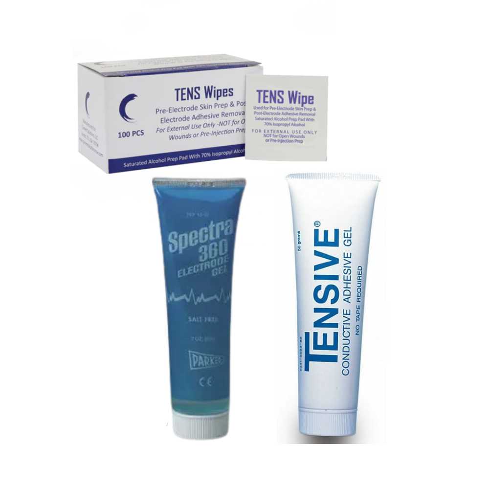 The image shows the iReliev Wired Small and Large Electrode Pad Bundle, including skin prep wipes, Spectra 360 Electrode Gel (blue), and Tensive Conductive Adhesive Gel (white)—all vital for prepping skin and enhancing electrode pad conductivity.