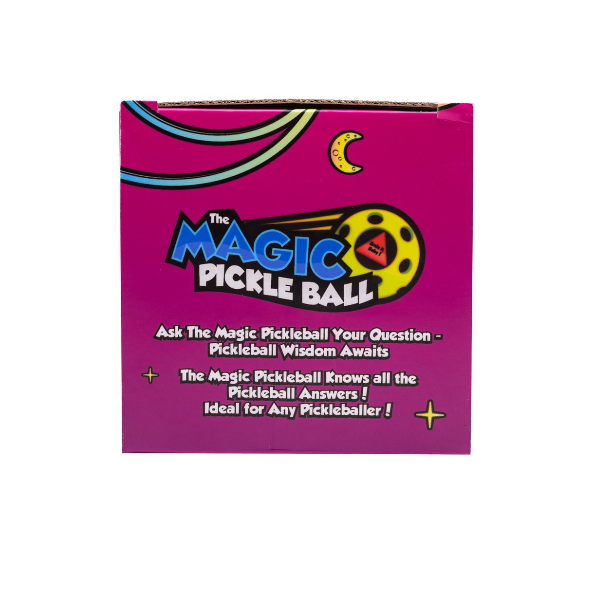 A vibrant pink box from Moment Pickleball labeled "The Magic Pickleball!! Your Pickleball Destiny Awaits!" Playful graphics and text invite you to ask for pickleball wisdom—the perfect novelty gift for any pickleball fan!.