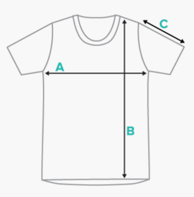 Line drawing of the Men's Corona Pattern Shirt (Black) by Crown Pickleball, highlighting measurement guides: A for chest width (armpit to armpit), B for length (shoulder to hem), and C for sleeve length, each with a black double-headed arrow.