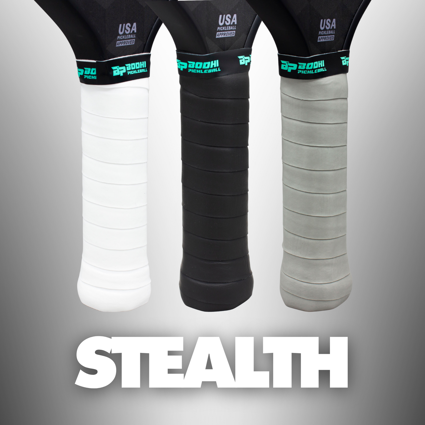 Three Bodhi Performance PROtack™ Premium Pickleball Overgrips—in white, black, and gray—are shown upright with a teal “BP 200H PHYSICAL CONTROL” label above their tacky grips and bold “STEALTH” lettering at the base.