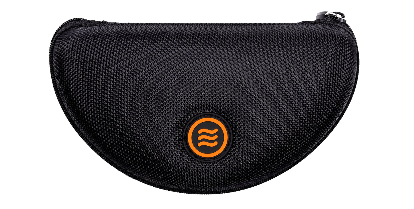 The Neven Eyewear Energy case is a black, textured, semi-circular zippered case—ideal for shield sunglasses or workout eyewear. It has a rounded top and features Neven’s orange logo with three wavy black lines on the front.
