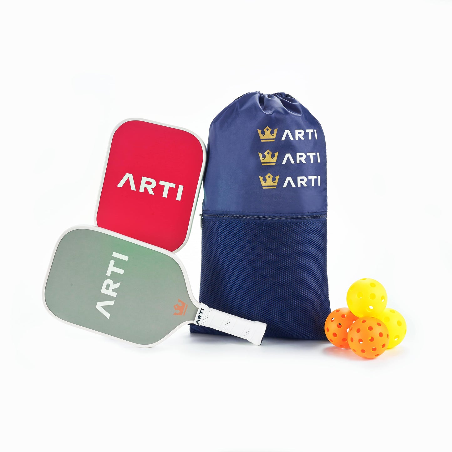The ARTI Fiberglass "Christmas Edition" Pickleball Paddle Set includes two paddles (red and gray), three yellow balls, and a navy ARTI drawstring bag with crown logos. Perfect for holiday play!.