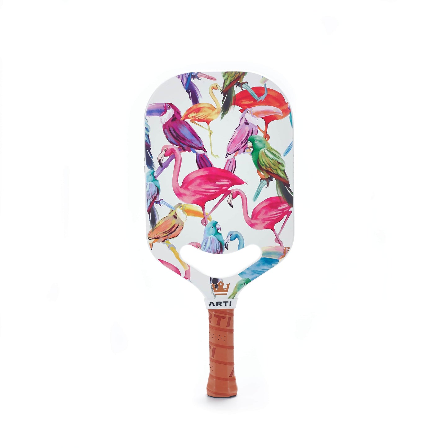 The ARTI Carbon Fiber EXOTIC TRIPIMAL "Flamingo" Paddle is USAPA approved, features pink, purple, green, yellow, and blue flamingos on a white face, has a tan leather grip, and shows a partially visible logo on the neck.