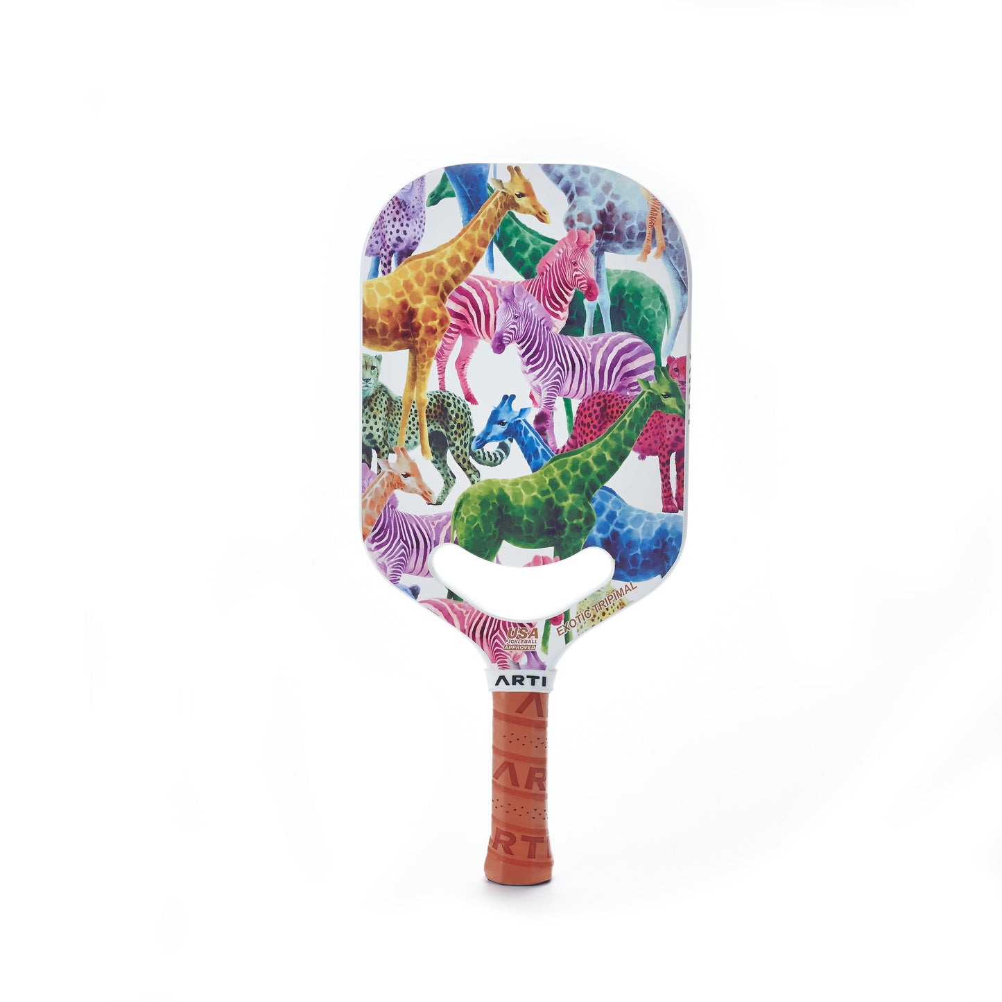 The ARTI Carbon Fiber EXOTIC TRIPIMAL "Animal" Paddle features colorful giraffes and zebras on a white background, a textured brown grip, and is USAPA approved.