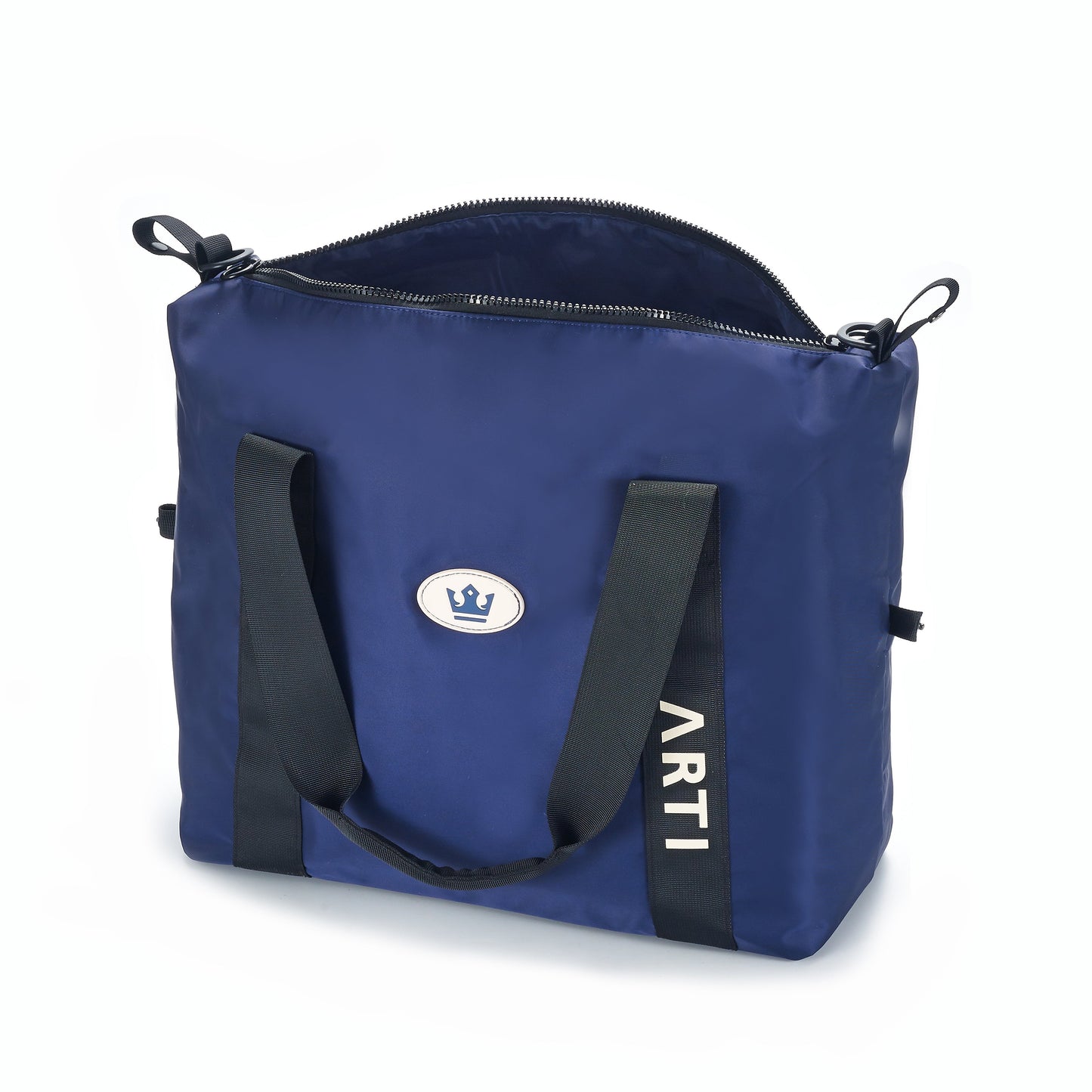 The ARTI Navy Duffle Bag by ARTI features a large, sleek design in navy nylon with black handles, zipper closure, and a silver emblem displaying a blue crown. “ARTI” is printed vertically on one side—durable for everyday use.