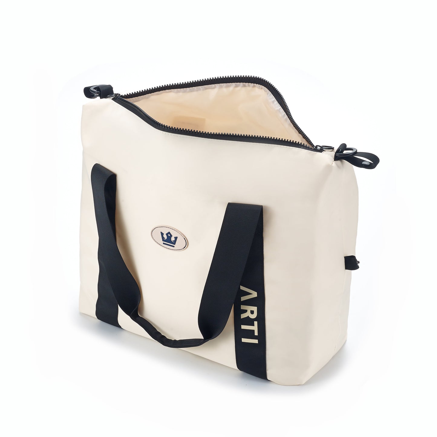 The ARTI Cream Duffle Bag features black handles, a black zipper, and a crown logo in an oval on the front. "ARTI" is printed vertically in black on the right side. The bag is slightly open, showing its light interior.