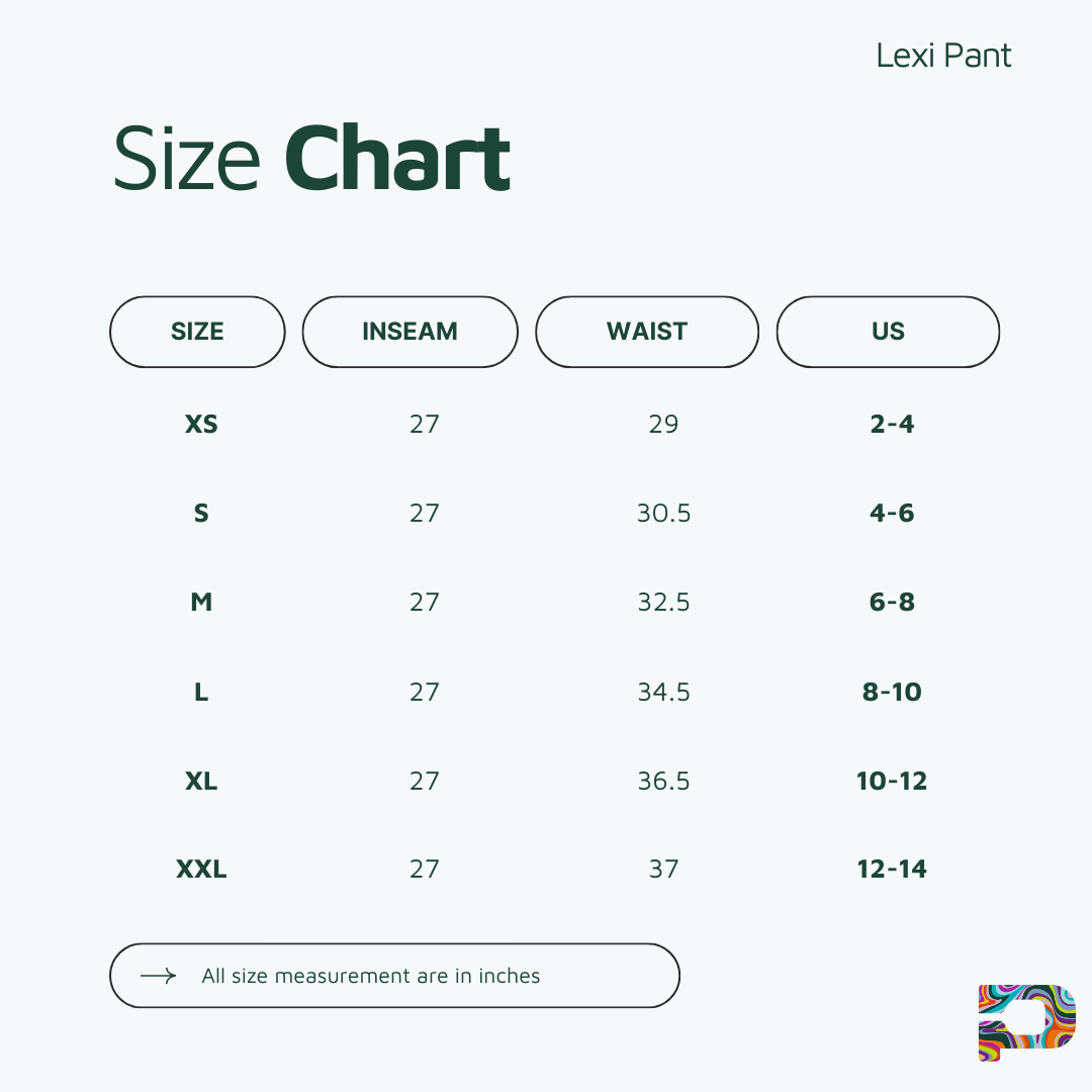 A size chart for the Playly Store Lexi Warm-Up Pant, in XS–XXL. Columns: size, inseam (27"), waist (29–37"), US sizes (2–14). Made with SwiftForm fabric. Measurements in inches. Colorful square graphic at bottom right.