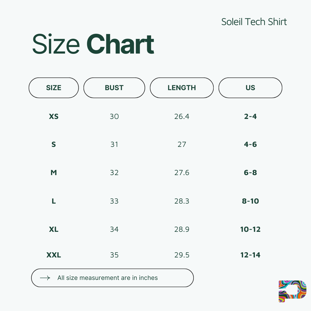 A Playly Store size chart for the Soleil Tech Shirt lists XS–XXL with Bust, Length (in inches), and US size range in green text on white. Note: All measurements are in inches.