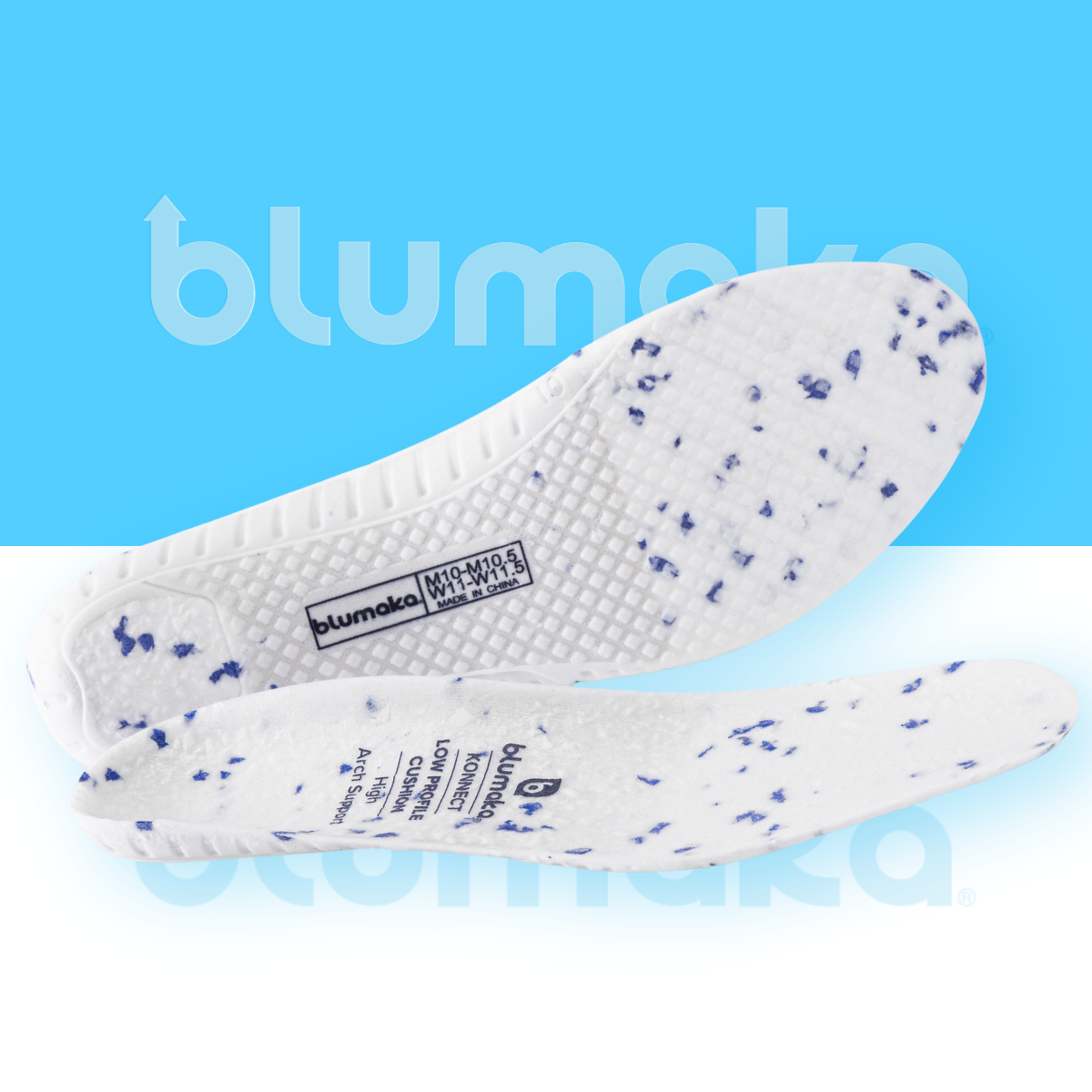 Two white Blumaka NonSlip ‘FoamLock’ Performance Insoles with blue speckles and textured pattern overlap on a blue-white background. Designed for enhanced comfort and energy return, these insoles use advanced FoamLock technology.