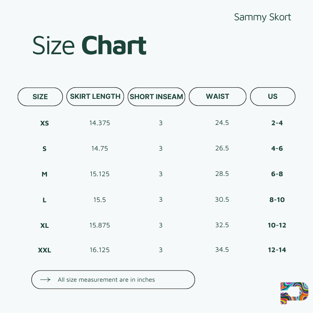 The Sammy Skort size chart by Playly Store shows XS–XXL sizes with skirt length, short inseam, waist (in inches), and US sizes. It uses green/black text on a light background, a colorful logo, and highlights SofKnit fabric.