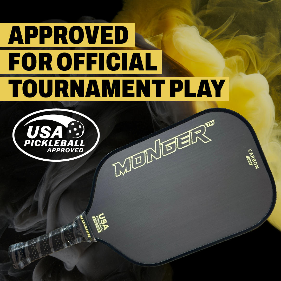 The PickleballMonger Monger 16mm Carbon Power Pro Gen 2 Paddle in white is featured on a striking black and yellow background with bold text: APPROVED FOR OFFICIAL TOURNAMENT PLAY, plus the USA Pickleball Approved logo. Comes with a free cover.