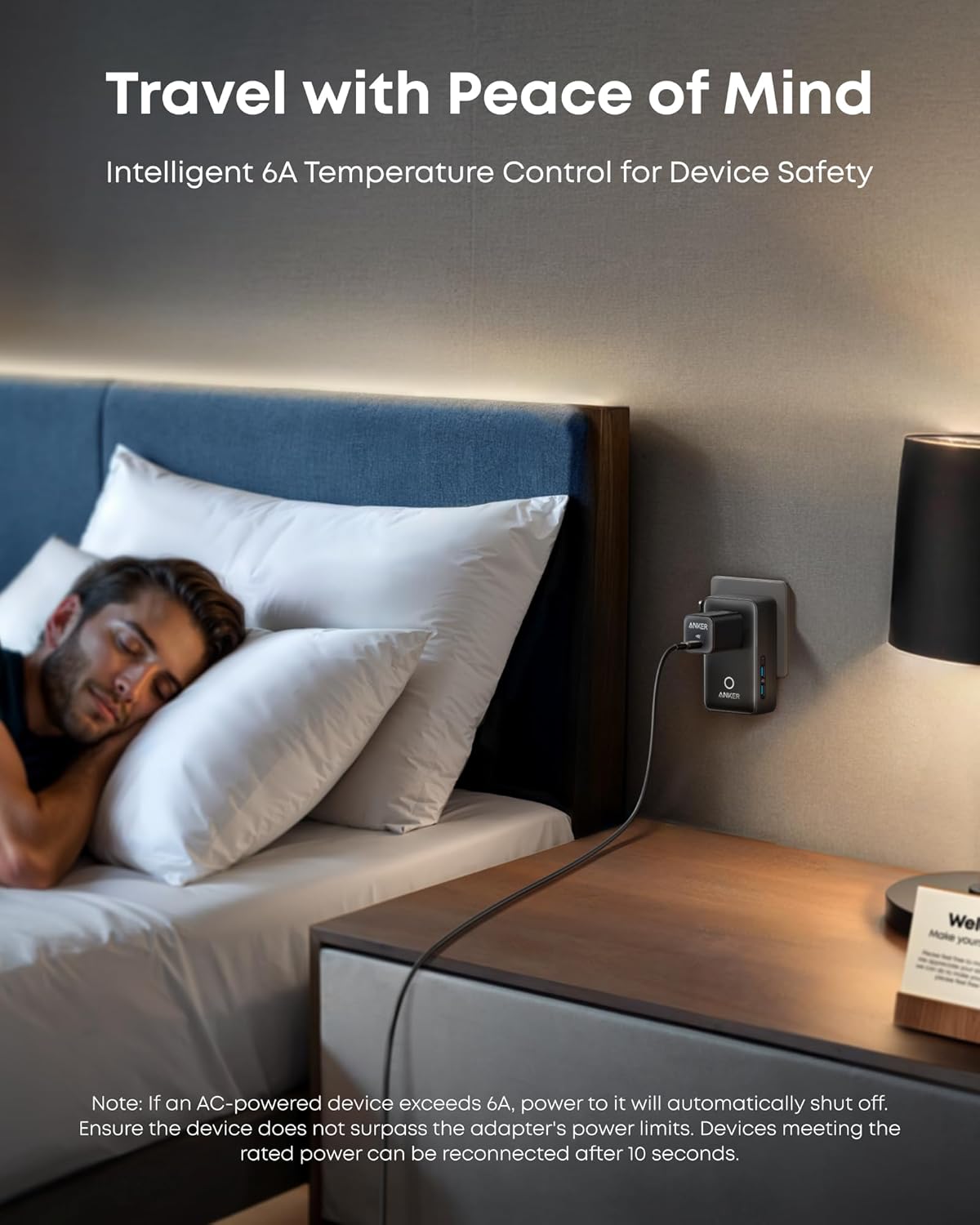 A man sleeps in a neatly made bed next to a nightstand, where an Anker Nano Travel Adapter (5-in-1, 20W) is plugged into the wall. “Travel with Peace of Mind” highlights its intelligent 6A temperature control for device safety. Safety note included below.