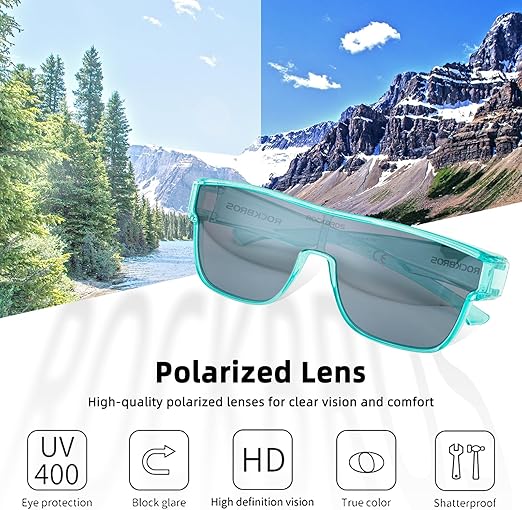 The ROCKBROS Polarized Fit Over Glasses UV400 Sunglasses Wrap Around for Men Women by ROCKBROS-US feature shatterproof lenses and a turquoise design, shown against a scenic river backdrop. Text highlights UV400, glare blocking, HD vision, and true color.