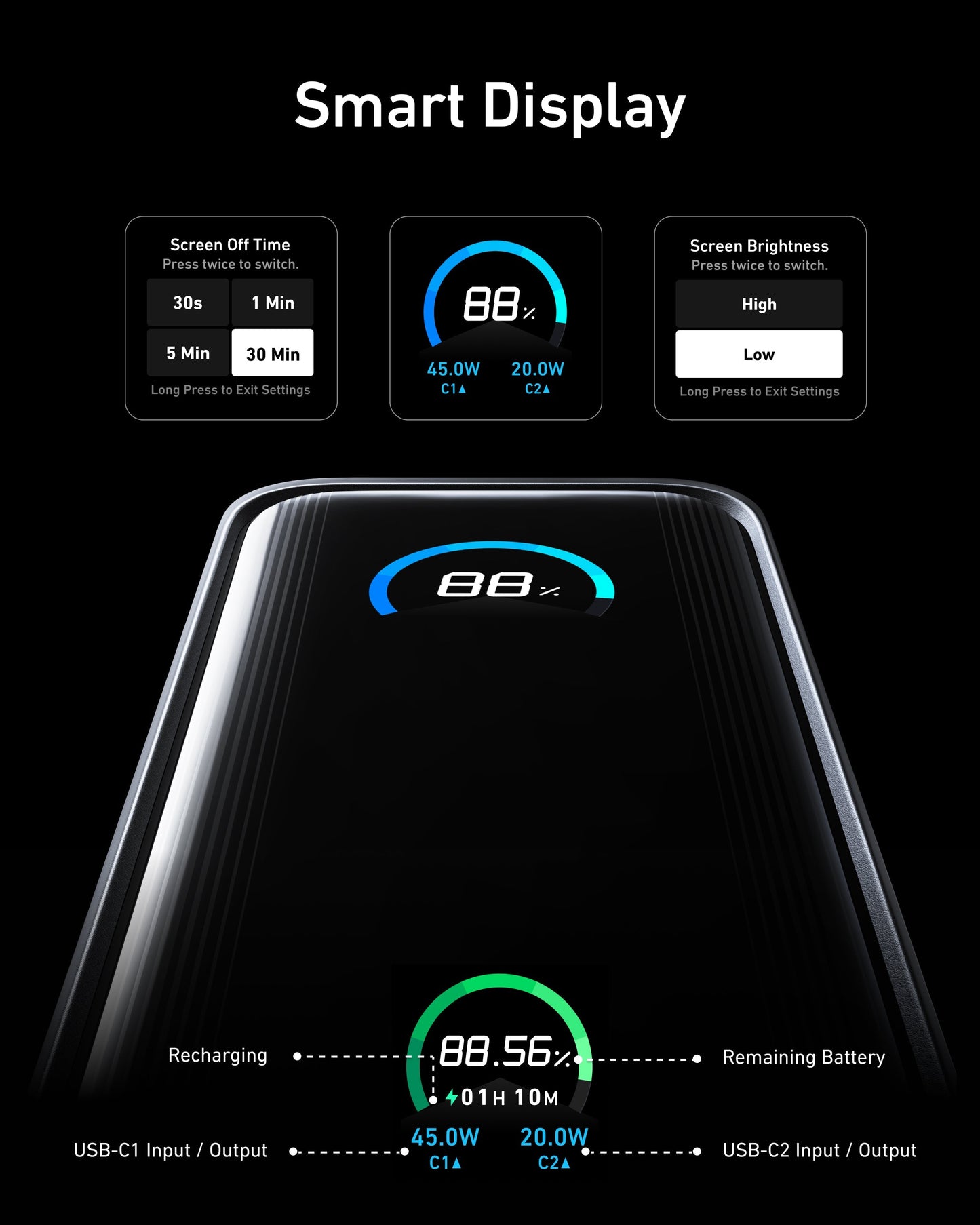 The Anker Prime Power Bank (9.6K, 65W, Fusion) shows battery percentage, recharging speed, and remaining time on-screen—perfect for monitoring your compact charger. USB-C1 and C2 input/output info appears at the bottom for quick reference.