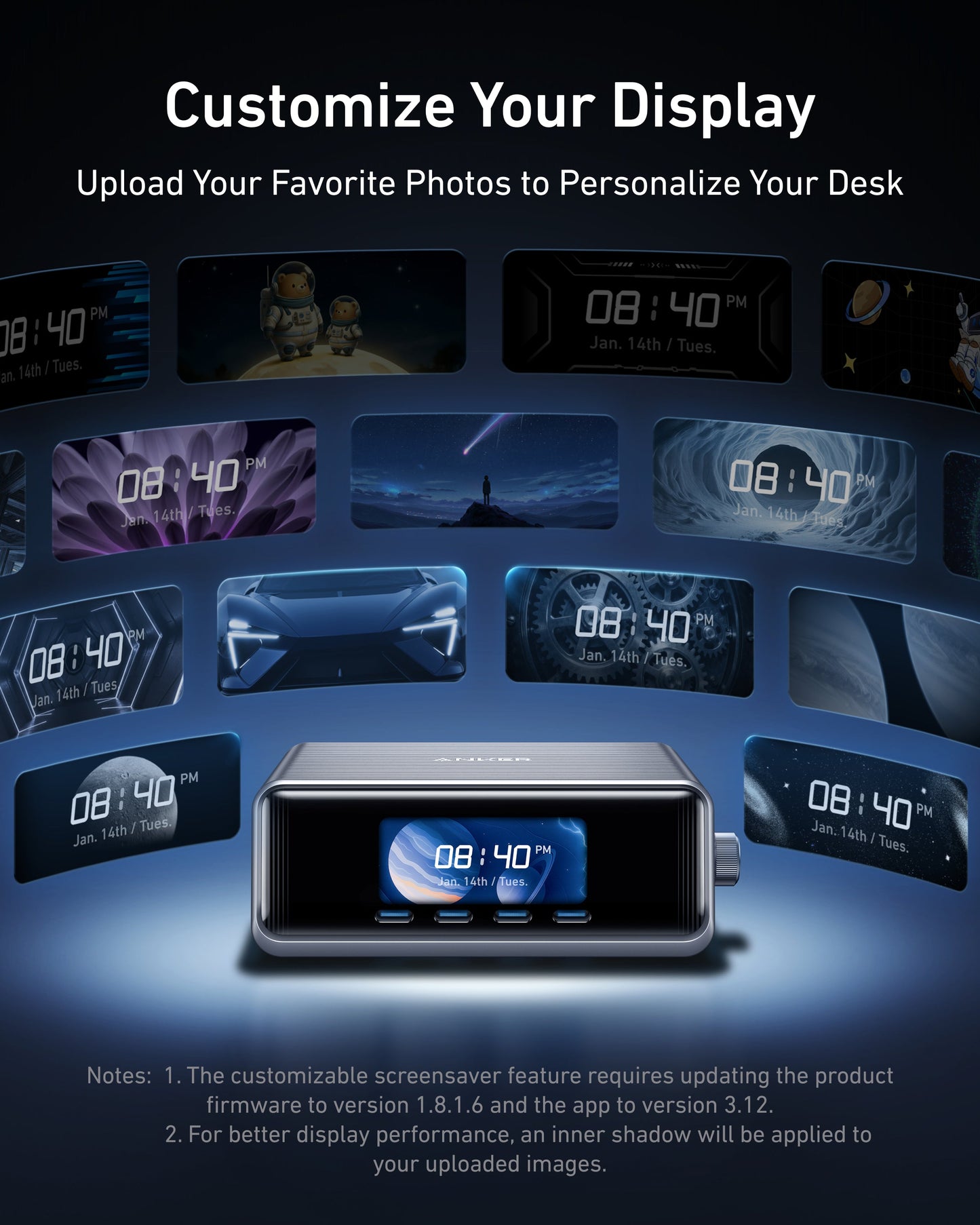 A digital clock displays customizable space and landscape screensavers. Smaller previews float above, while text explains using the Anker Prime Charger (250W, 6 Ports, GaNPrime) by Anker to power it and optimize uploaded image settings via USB-C.