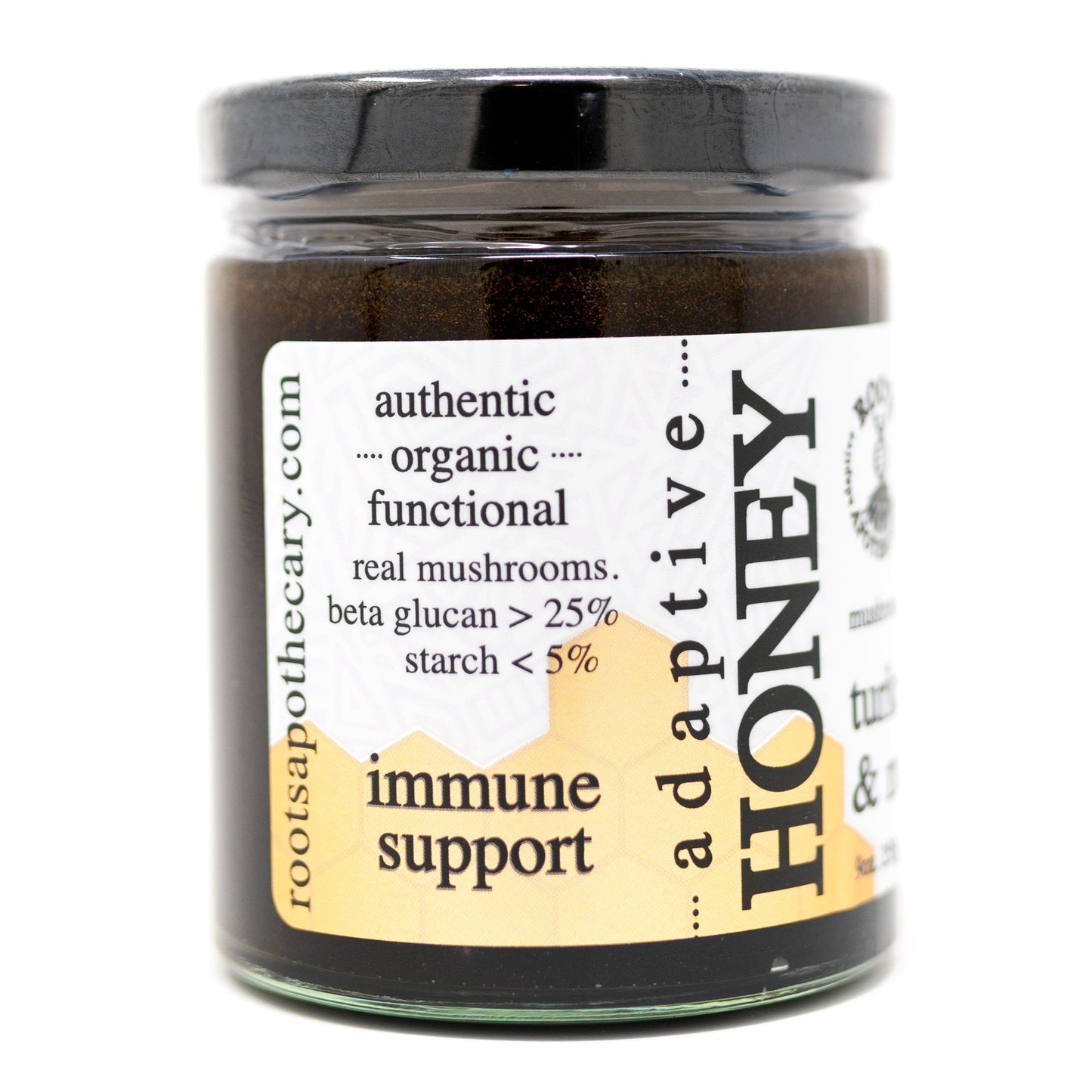 Roots Apothecary’s turkey tail honey (mushroom) blends organic raw manuka honey with real turkey tail mushroom extract for immune support and functional benefits.
