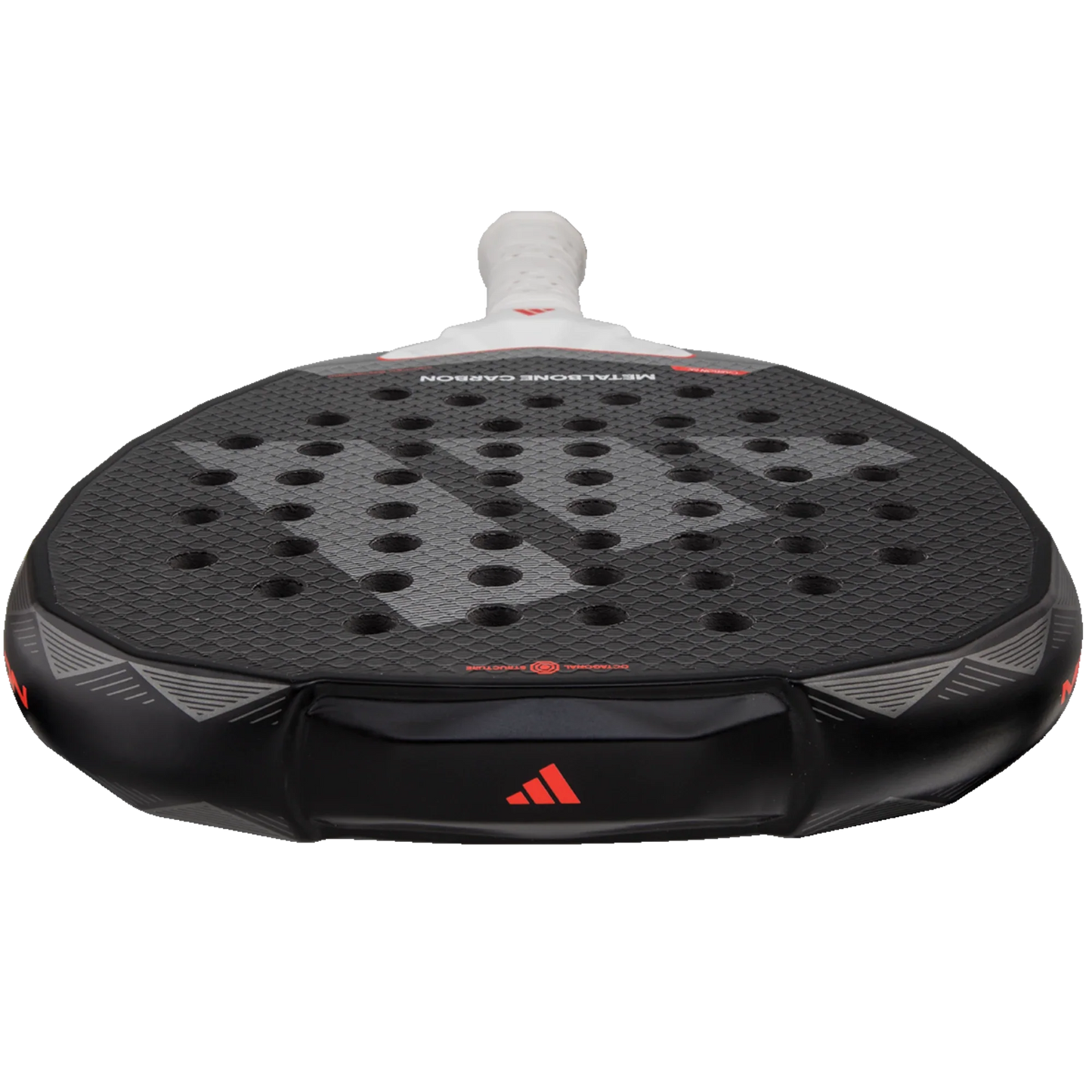Close-up of the Adidas Metalbone Carbon 3.4 padel racket by Padel USA in black carbon fiber with a perforated, textured surface and grey Adidas logo. Features a white grip and subtle red accents, designed for enhanced spin control.