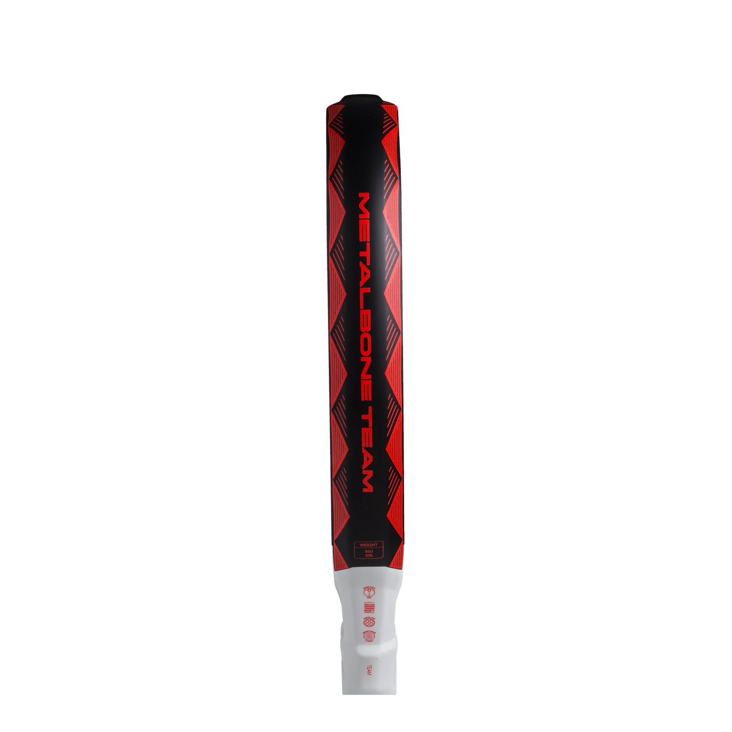The Padel USA Adidas Metalbone Team 3.4 padel racket features a black face with bold red diagonal lines and "METALBONE TEAM" in red, plus a white handle with a small red logo—engineered for explosive power on the padel court.