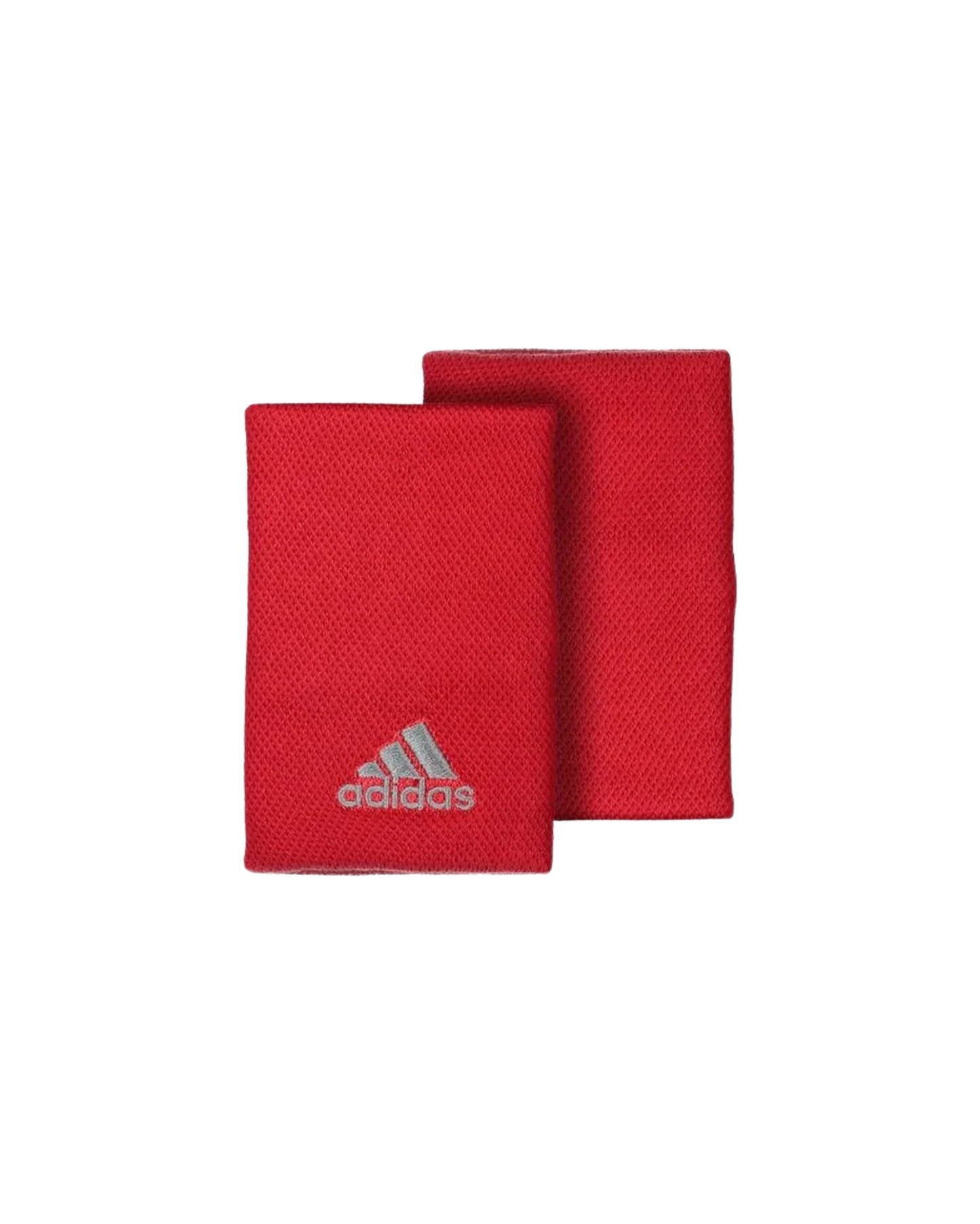 Two red Adidas WRISTBAND Large x2 from Padel USA are shown on a white background—one displays the silver Adidas logo, while the other is slightly behind, showing only its plain absorbent surface.