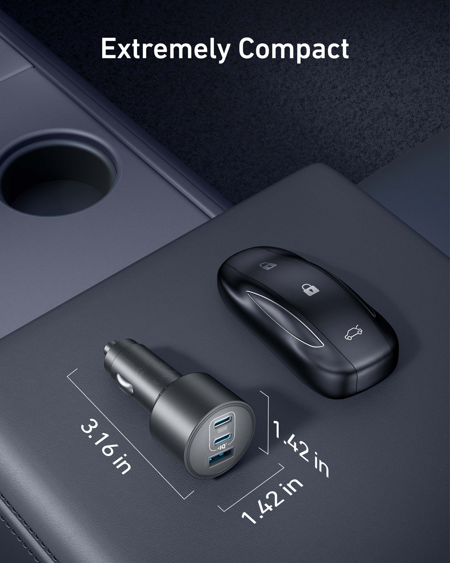 A compact black Anker Nano Car Charger (167.5W, 3 Ports) is pictured on a car’s center console beside a black key. The text “Extremely Compact” appears, with dimensions—3.16" length and 1.42" width—marked on the charger.