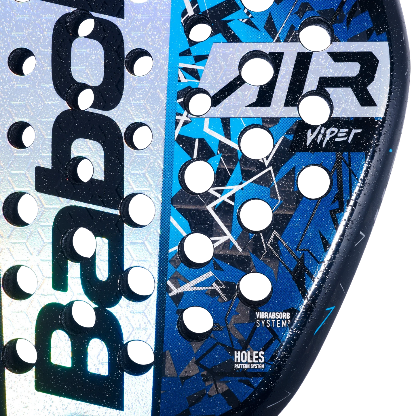 Close-up of the Babolat Air Viper 2.5 padel racket by Padel USA, in blue, black, and silver with 16K Carbon, AIR VIPER 2.5 text, Vibrabsorb System, Holes Pattern System labels, geometric patterns, and circular holes.