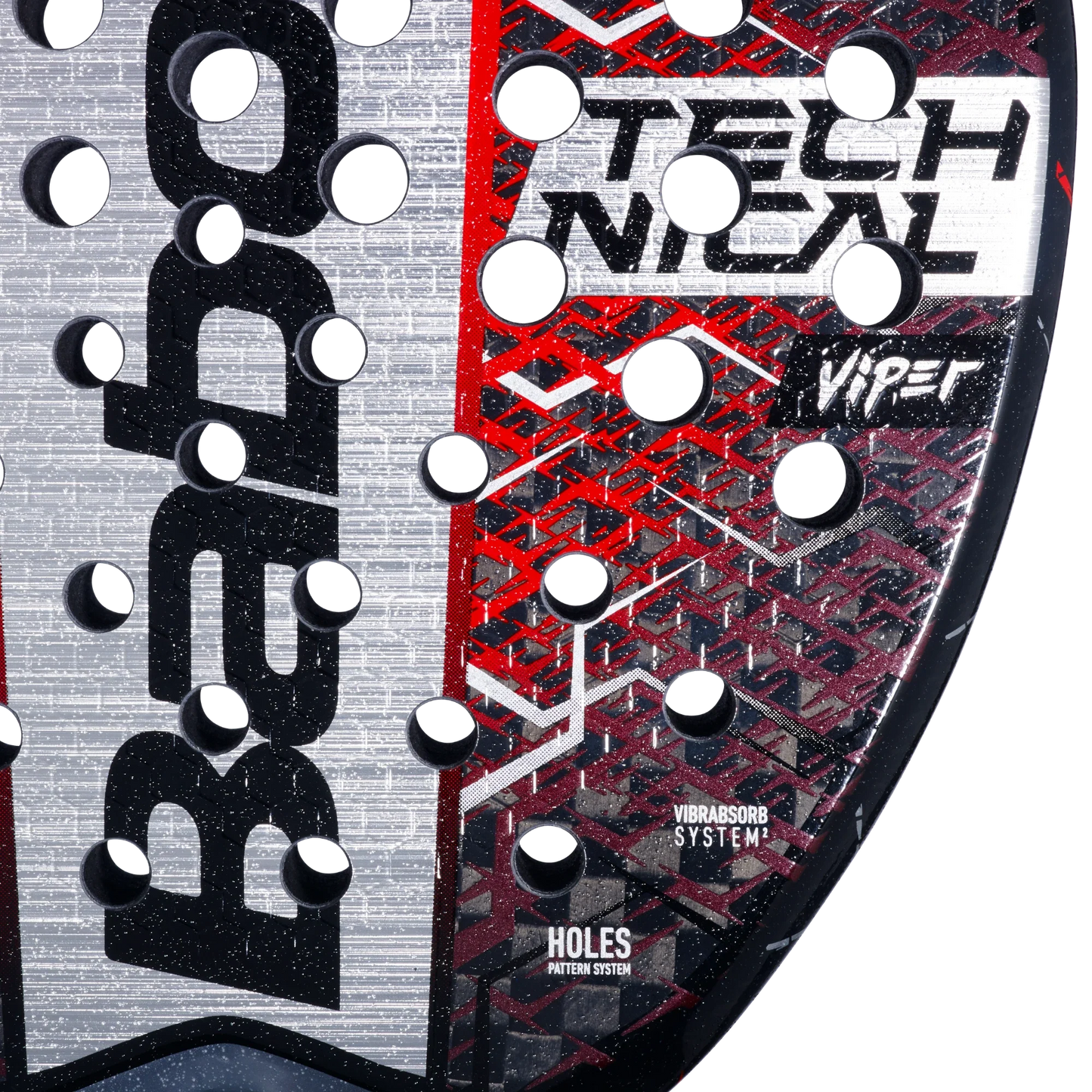 Close-up of the Babolat Technical Viper 2.5 padel racket head by Padel USA, featuring a black, white, and red design with Vibrasorb System, Holes Pattern System, and multiple round holes for powerful, attacking play.