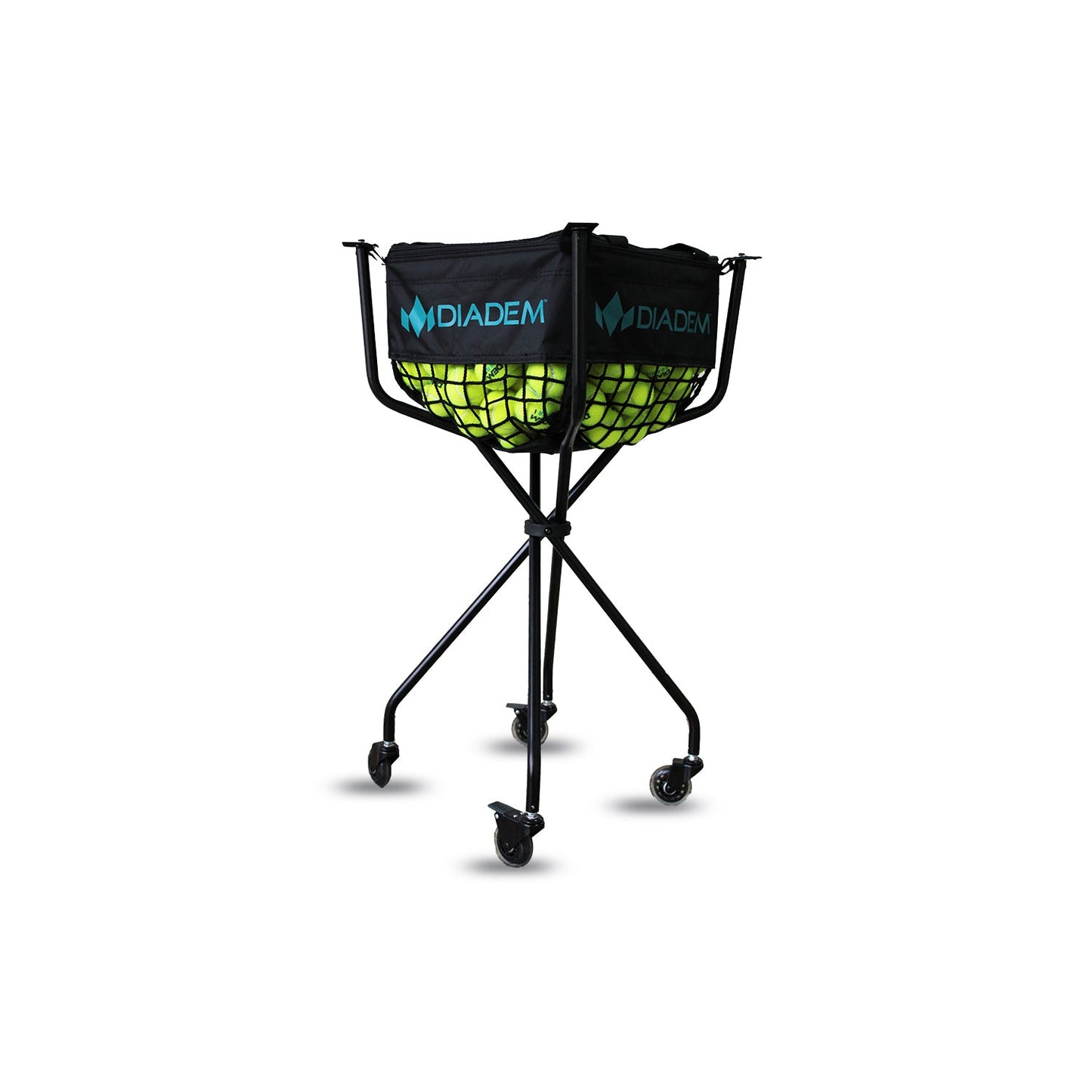 The Diadem Sports Ball Cart - 150 Ball is a black, tripod-style portable cart with four caster wheels. Its DIADEM-labeled basket holds yellow tennis balls and sits on a sturdy metal frame, perfect for tennis or pickleball use. Background is plain white.