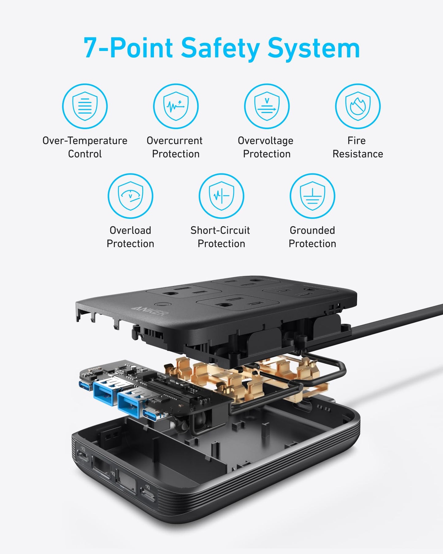 Exploded view of the Anker Charging Station (8-in-1, 20W) reveals its internal parts, with icons above showing its 7-point safety system: over-temperature, overcurrent, overvoltage, fire resistance, overload, short-circuit, and grounded protection.