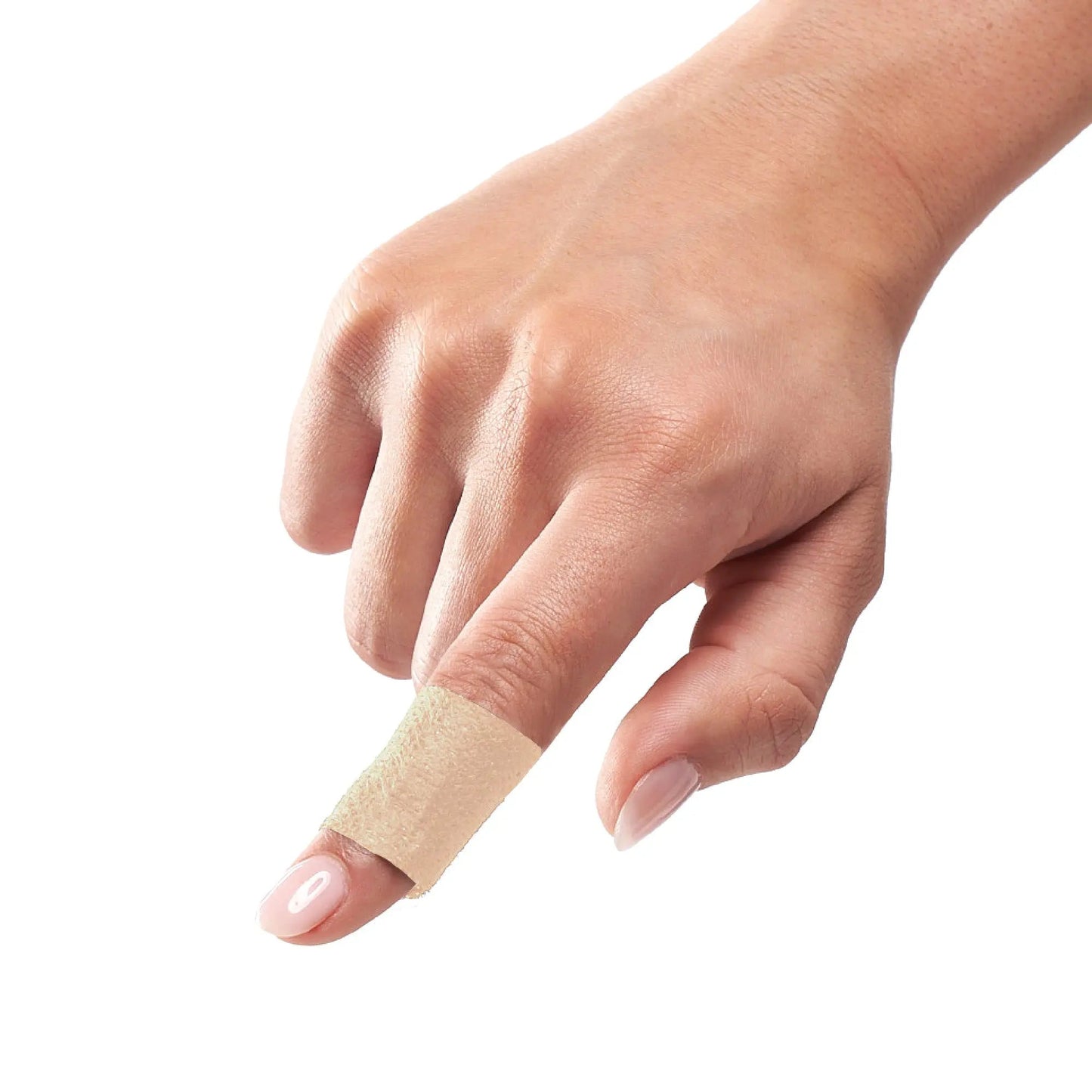 A hand with light skin is shown against a white background. The index finger has KT Health Blister Prevention Tape by KT Tape wrapped around it, covering a minor injury. The fingernails appear clean and well-groomed.