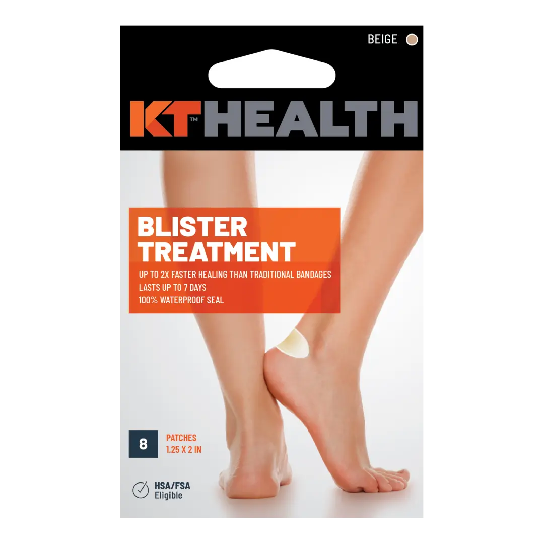 A box of KT Tape KT Health Blister Treatment Patch shows bare feet with a patch on one heel. Text highlights "Blister Treatment," hydrocolloid gel for faster healing, waterproof seal, and includes 8 patches.