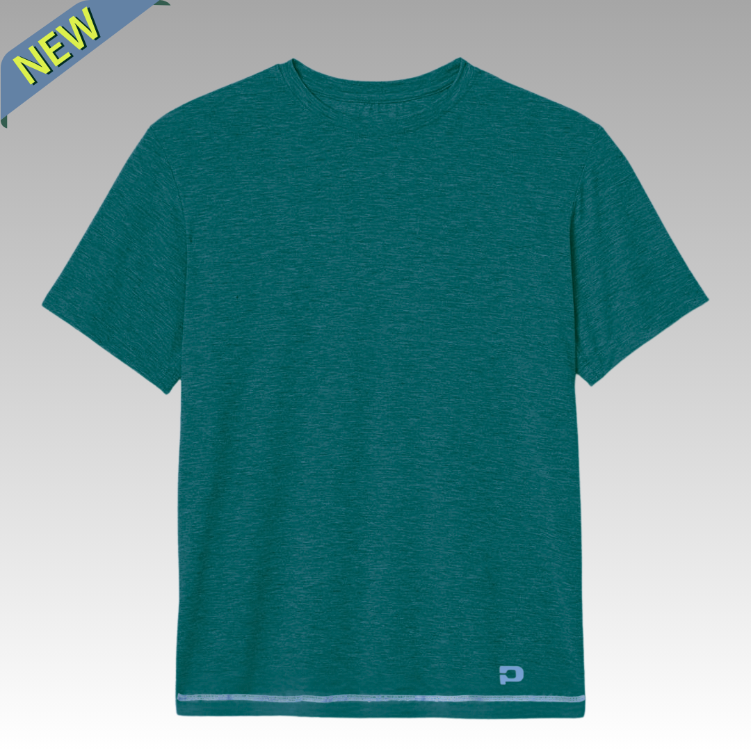 The Playly Store Warrior Tee 2.0 is a teal moisture-wicking t-shirt with a crew neckline, small white logo near the lower right hem, and a "NEW" banner, shown on a light grey gradient background.