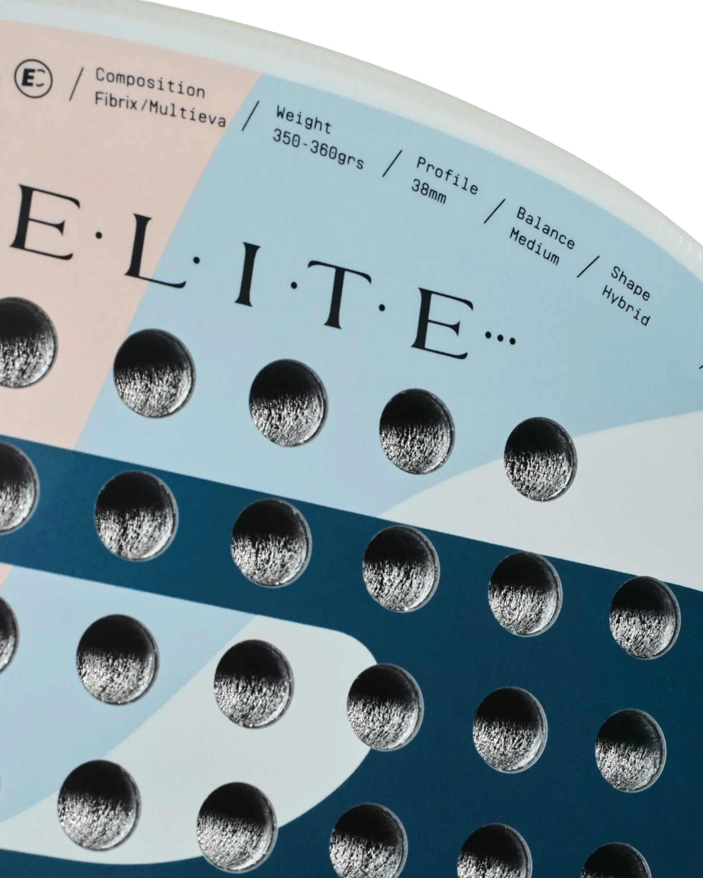 Close-up of the Bullpadel Elite W by Padel USA, featuring circular holes and specs: Composition: Fibrix/Multieva, Weight: 350–360 grs, Profile: 38mm, Balance: Medium. A pastel background highlights this high-performance padel racket.