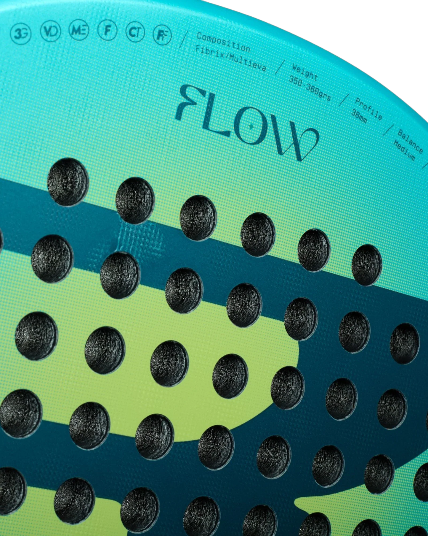 Close-up of the Bullpadel FLOW Woman racket from Padel USA, featuring a turquoise design with black holes and dark blue-green waves. Specs and “FLOW” are printed above, alongside Alejandra Salazar’s endorsement.