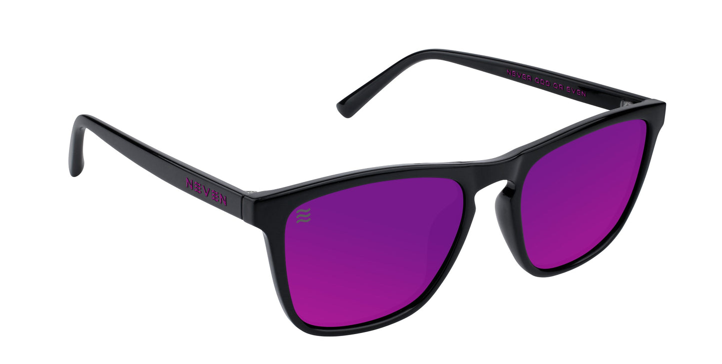 The Violet sunglasses by Neven Eyewear feature a black rectangular matte frame, purple-tinted lenses, curved arms, and “RAVEN” in purple on the inner right arm. Part of the Cambridge collection. Shown on a plain white background.