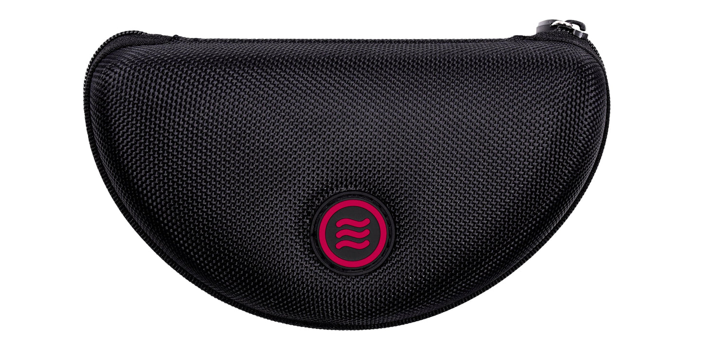 A black, semi-circular zippered case with a textured finish features Neven Eyewear’s pink and black circular logo with three wavy lines in the center. The zipper is closed at the upper right. Shown on a white background. Product: Cadence.