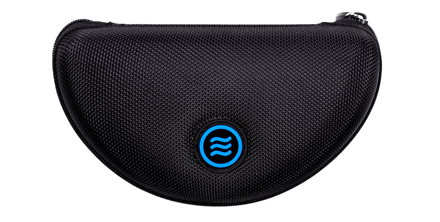 A black, semi-circular zippered case for Strides by Neven Eyewear is displayed on a white background. The textured case features a blue circular emblem with three wavy white lines on the front and a zipper at the top right edge.