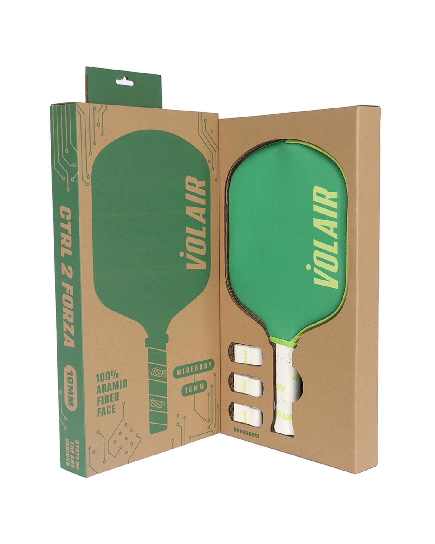 The CTRL 2 Forza 16mm Pickleball Paddle Set by Volair Pickleball includes a green widebody paddle with a 100% aramid fiber face, three white balls with green lines, and eco-friendly cardboard packaging.