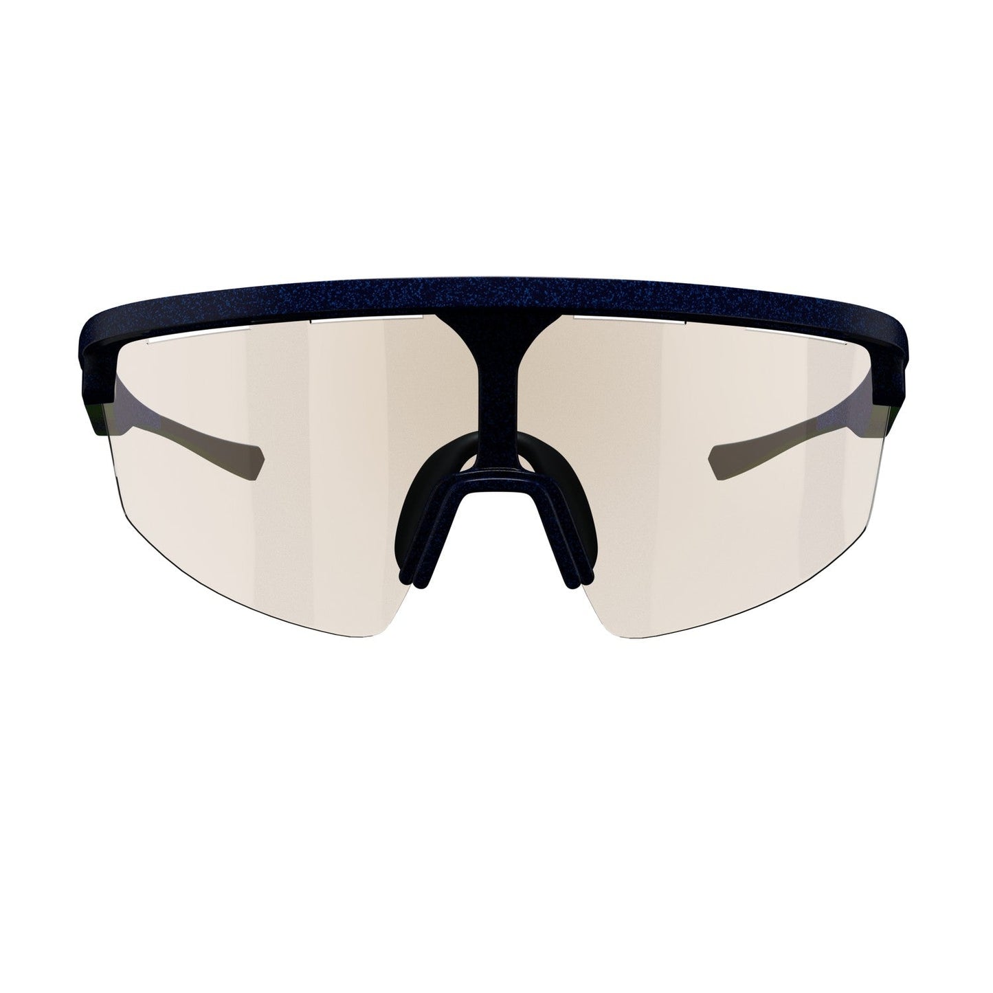 The Captiva Blue Pearl Sunglasses by Dink Eyewear feature a sporty wrap design with a single light-tinted ColorBoost lens, dark frame with thick arms and nose bridge, and a rimless bottom for a sleek, aerodynamic look.