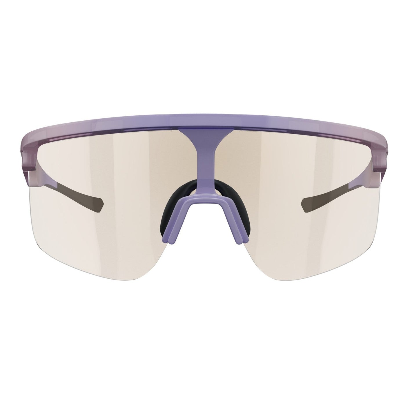 Front view of the Dink Eyewear Captiva Large Lilac Pickleball Sunglasses, featuring a sporty purple frame with a thick brow bar, matching rubber nose pad, black angled arms, and a wide, light-tinted ColorBoost lens.