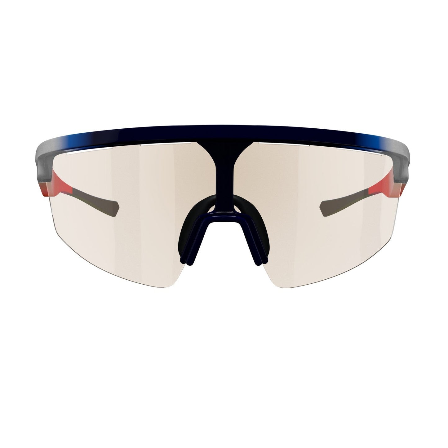 Front view of Dink Eyewear Captiva USA Sunglasses, featuring a single light-tinted ColorBoost lens, dark blue top frame, black adjustable nose pads, and slim black-and-red arms for a modern aerodynamic look ideal for sporty performance.