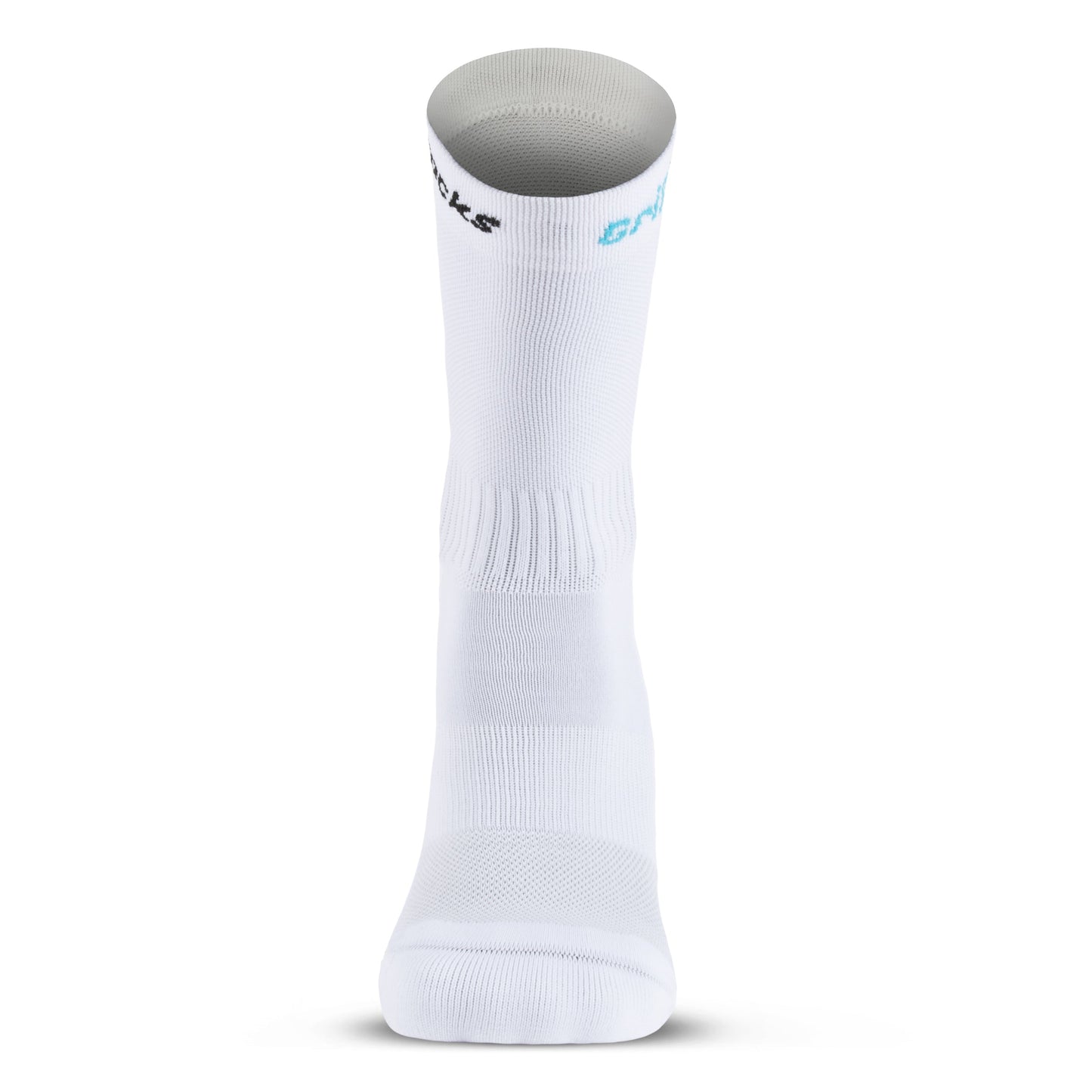 A single GripSocks Athletic Sock With Grips, crew height in white, stands upright. It features ribbed support, anti-blister technology, and black/light blue text near the top cuff against a plain white background.