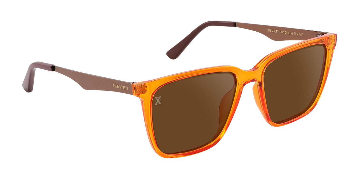 The Java prescription sunglasses by Neven Eyewear feature square translucent orange frames, brown tinted lenses, thin brown arms, and "NEVER ODD OR EVEN" in gold on the inner left arm for a modern look.