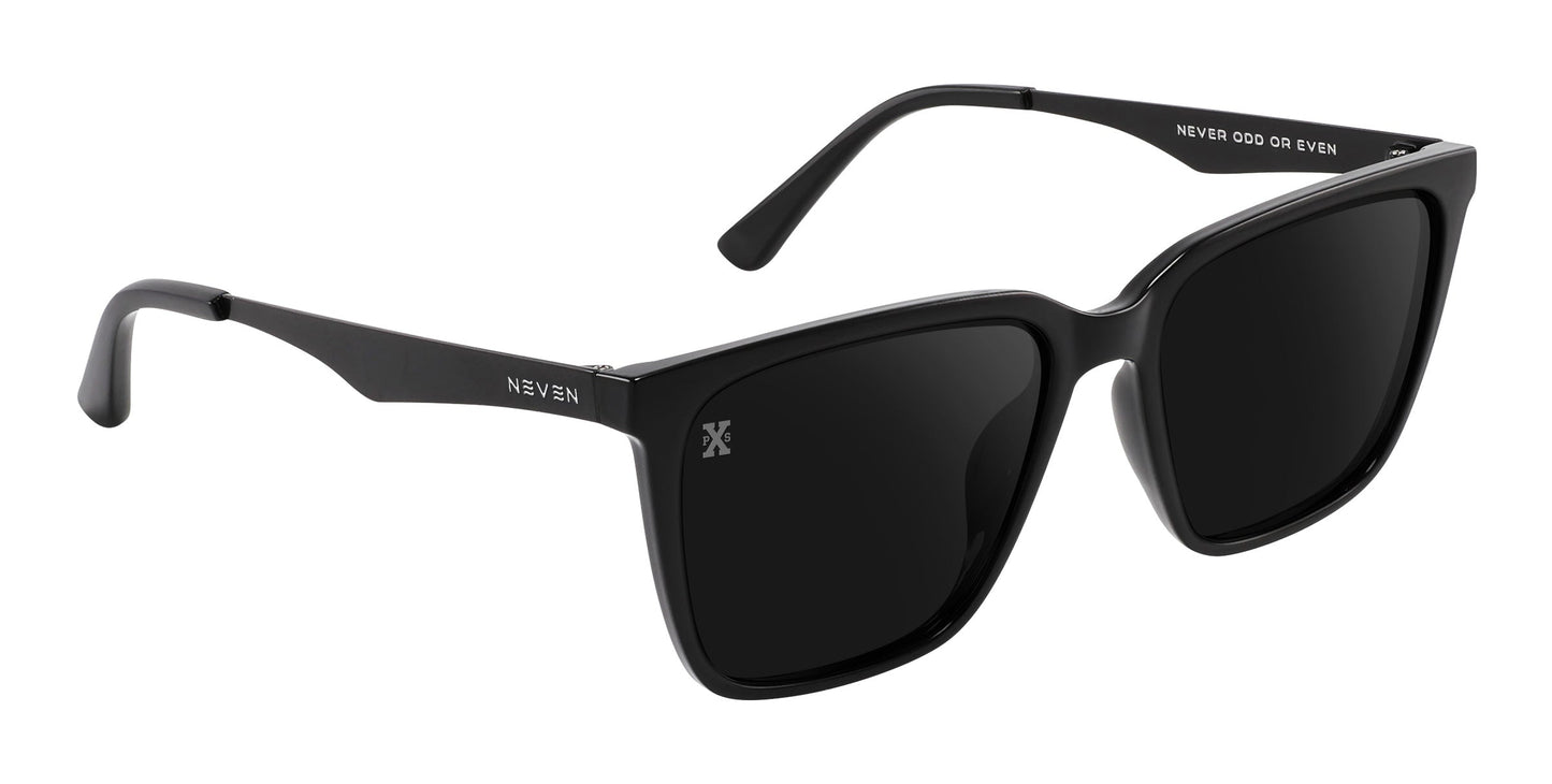 The Neven Eyewear Mamba sunglasses have thick, glossy black rectangular frames, dark polarized lenses, NEV branding and X logo inside, and “NEVER ODD OR EVEN” printed on the left arm. Shown on a white background.