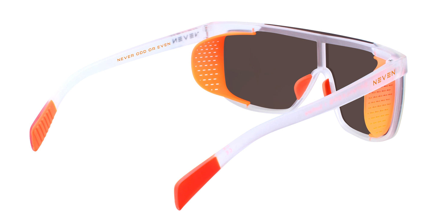 The Neven Eyewear Sunflare sunglasses feature sporty, polarized rectangular dark lenses, white frames with orange accents and perforated orange side shields. "NEVER ODD OR EVEN" is on the left arm. UV400 protection keeps your eyes safe.