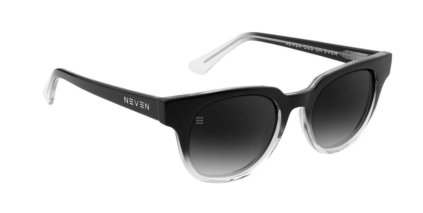 The Fang sunglasses from Neven Eyewear feature square gradient frames that fade from black to clear, polarized UV400 lenses, NEVEN in white on the left temple, and black arms with transparent tips.