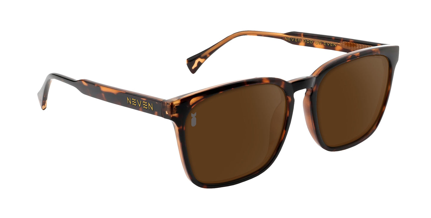 The Chazz by Neven Eyewear features tortoiseshell rectangular frames from the Divebomb Collection, brown polarized lenses, and NEWGEN in gold on the temple for a sleek, modern look.